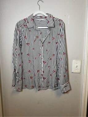 Jane + Delancey Black & White Striped Button-Up Shirt with Red Heart Accents